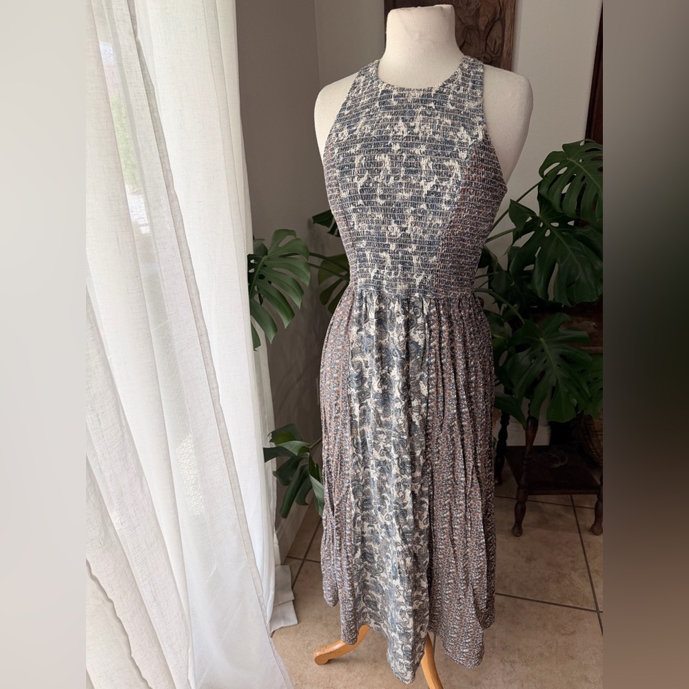 Japna Mixed Print Smocked Midi Dress | Boho Patchwork | Size M